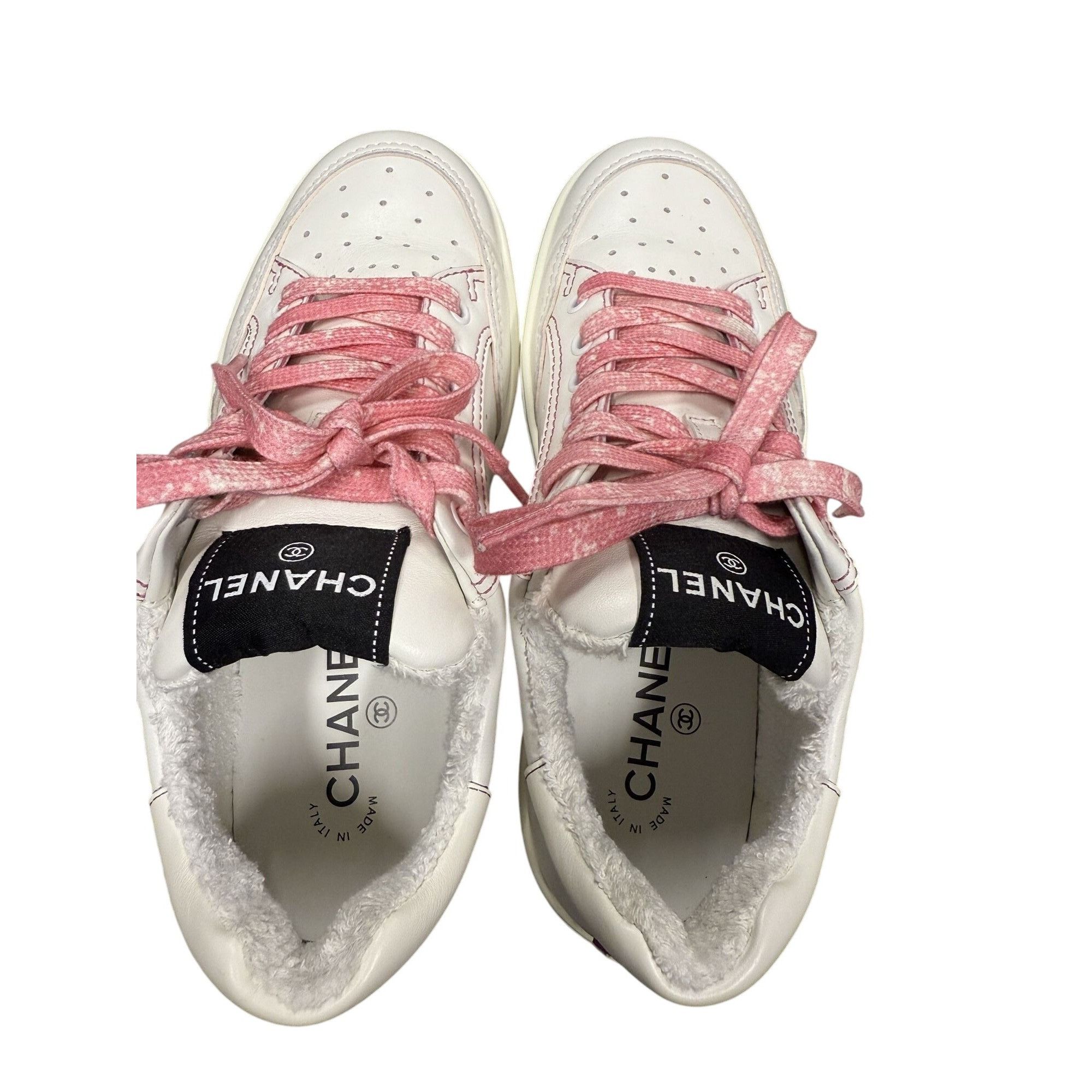 Chanel Chanel Womens White Sneakers With Pink Laces Faux Fur Lining Size US 8.5 / IT 38.5 - 2 Thumbnail