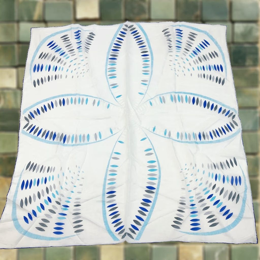 Vintage VINTAGE 1960s Scarf Geometric Blue White 30" x 30" Rayon Silk Hand Rolled Japan Mod Women's Square Scarf Mens Womens Size ONE SIZE - 1 Thumbnail
