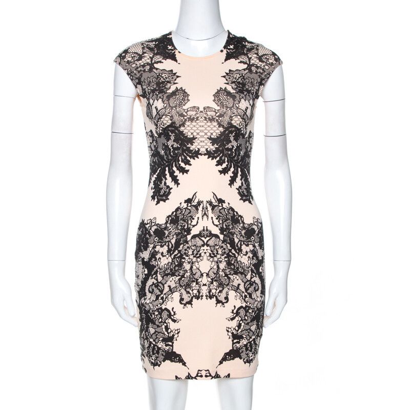 McQ Alexander McQueen McQ By Alexander McQueen Peach Lace Print Bodycon Dress Size S / US 4 / IT 40 - 1 Thumbnail