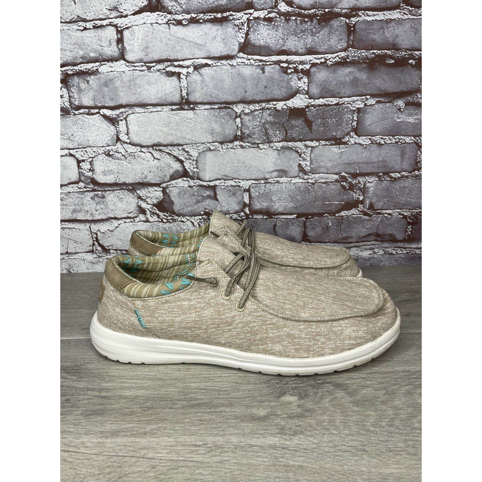 Other Hey Dude Paul Chambray Beige Canvas Fabric Lace Up Shoes Men Size US 12 / EU 45 - 3 Thumbnail