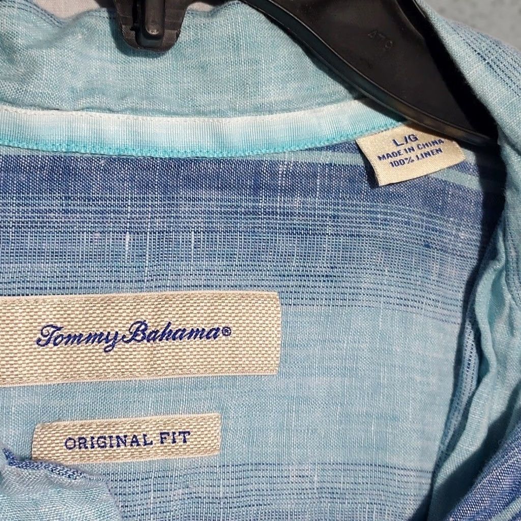Tommy Bahama Camp Shirt Mens Large Blue 100% Linen Original Fit Short Sleeve, Men's