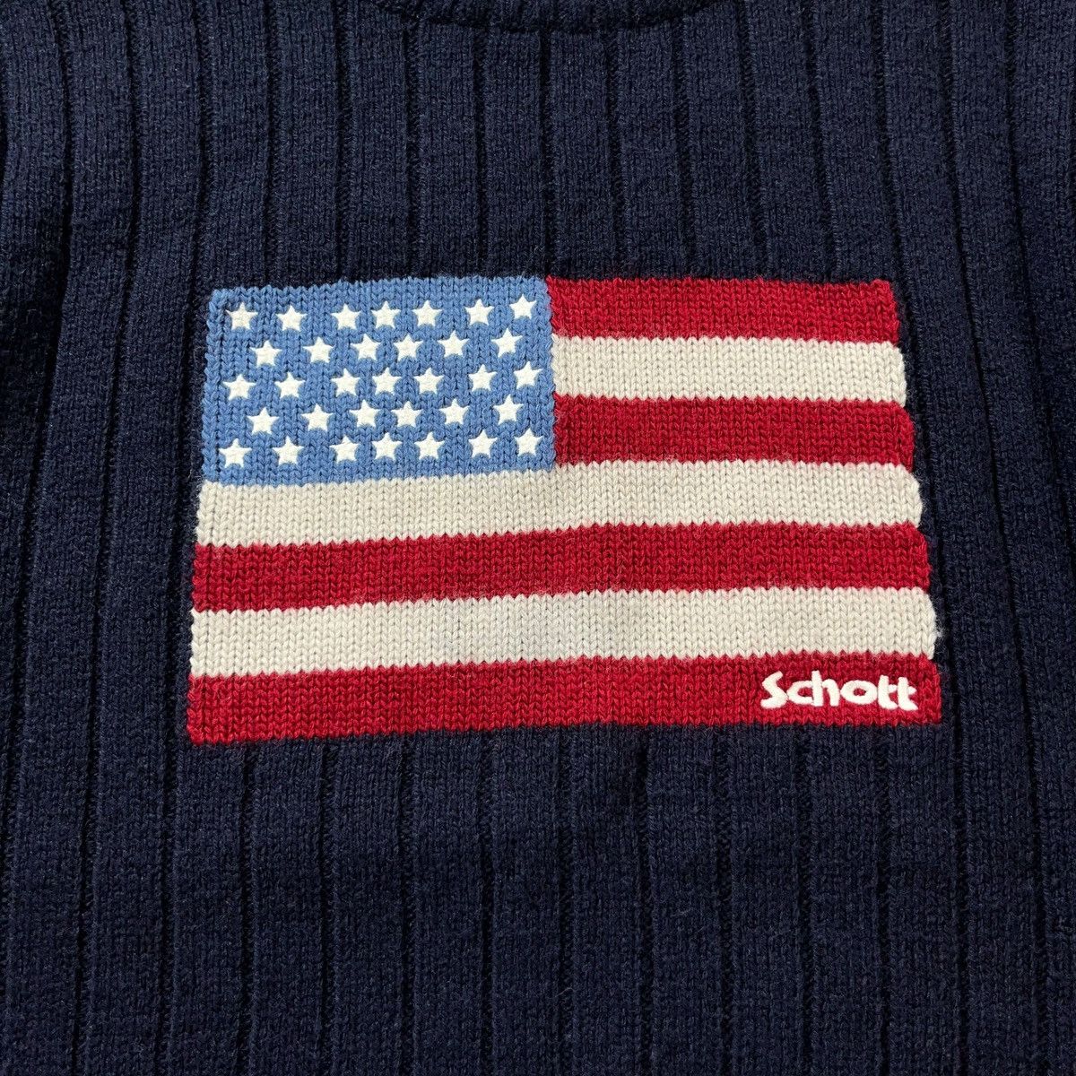 Schott × Vintage 90’s Schott N.Y.C. Big Logo American Flag Knit Sweaters Size US XL / EU 56 / 4 - 7 Thumbnail