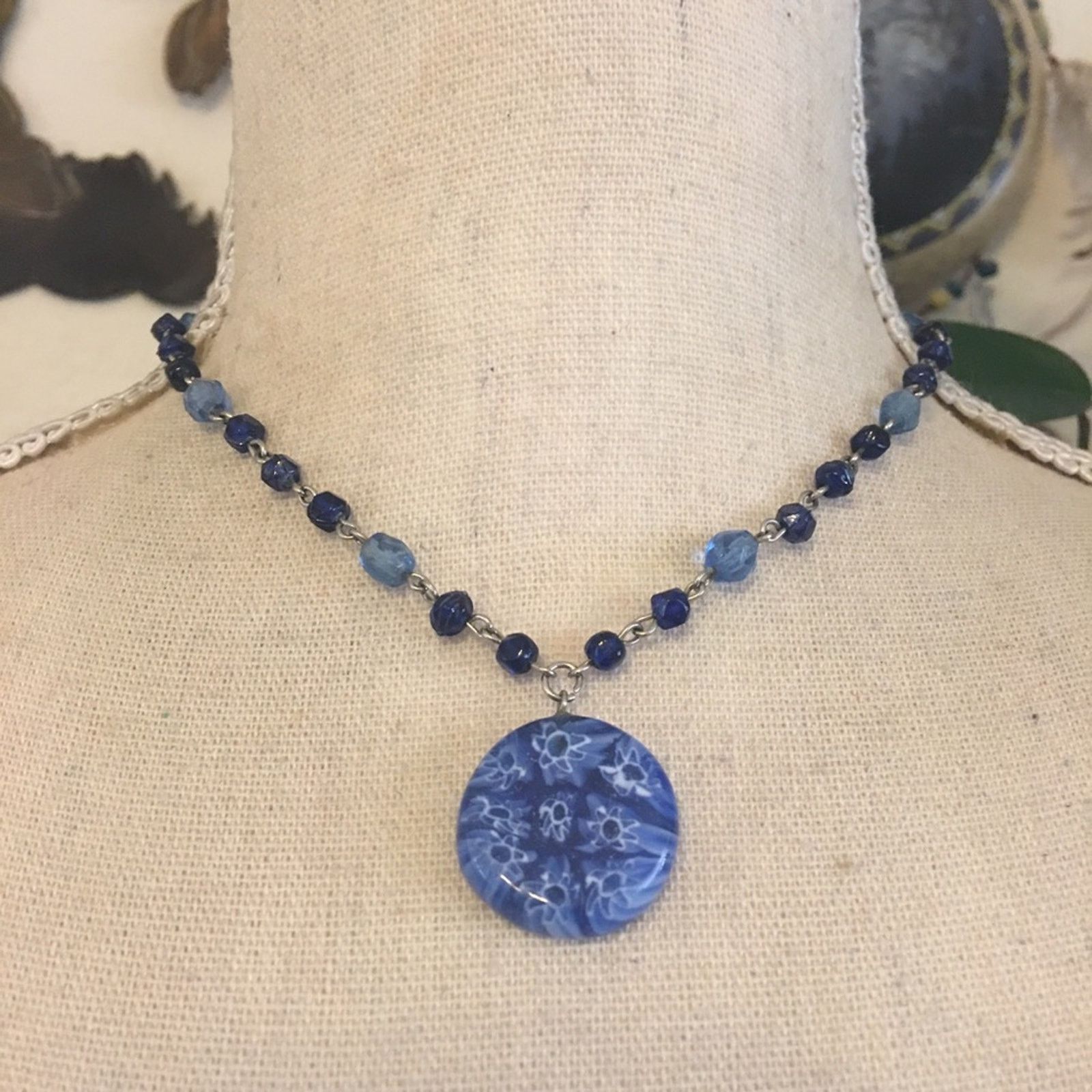 Jewelry Blue glass medallion beaded chain necklace Size ONE SIZE - 1 Thumbnail