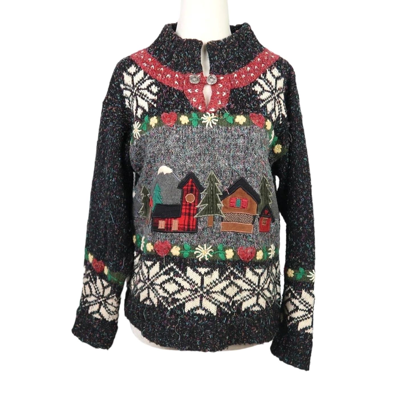Vintage VINTAGE 90s PBJ SPORT Embroidered Snowflake Knit Sweater Womens S Black Winter Pullover High Neck Size S / US 4 / IT 40 - 2 Thumbnail