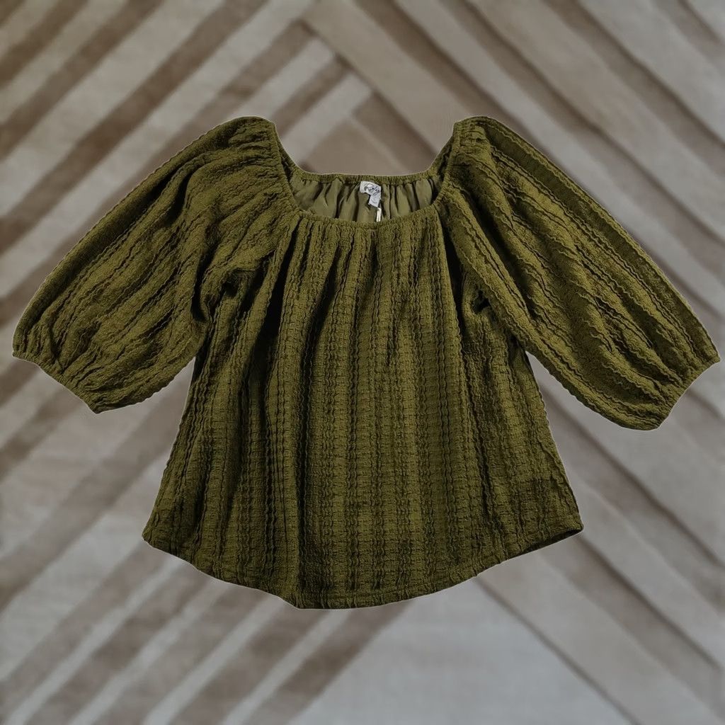 Olive Polagram Blouse Green Square Neck Balloon Sleeve Large Elsie Textured Size L / US 10 / IT 46 - 1 Thumbnail