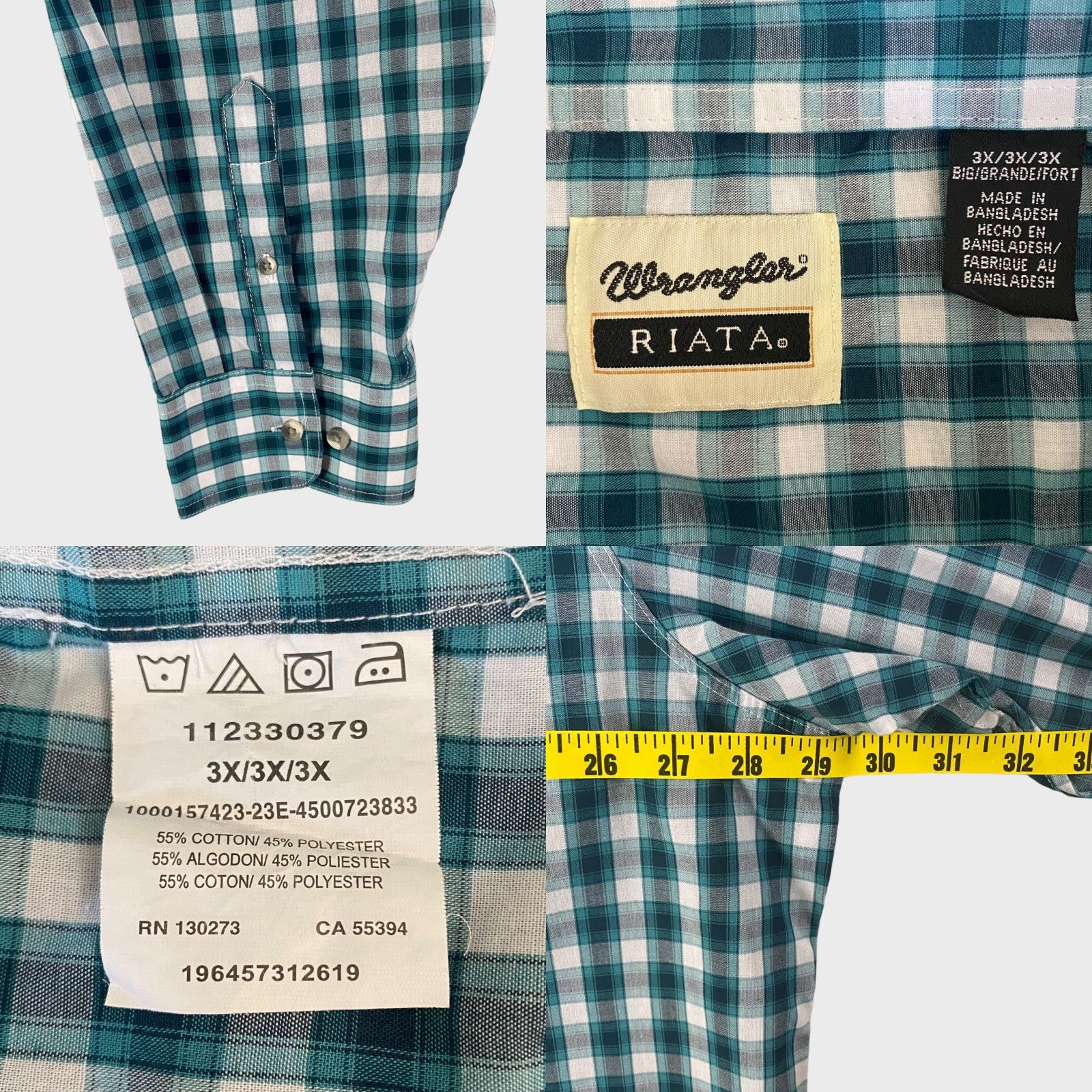 Wrangler VINTAGE Wrangler Riata Western Plaid Button-Down Shirt Teal Blue Men's 3X Cowboy Size US XXL / EU 58 / 5 - 8 Thumbnail