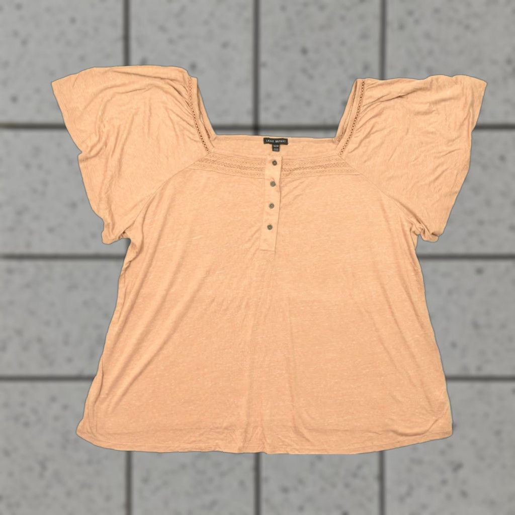 Vintage Lane Bryant Blouse Shirt 26 Orange Plus Women Short Flutter Sleeve Square Neck Crochet Trim Pullover Rayon Size 4XL / US 24-26 - 1 Thumbnail