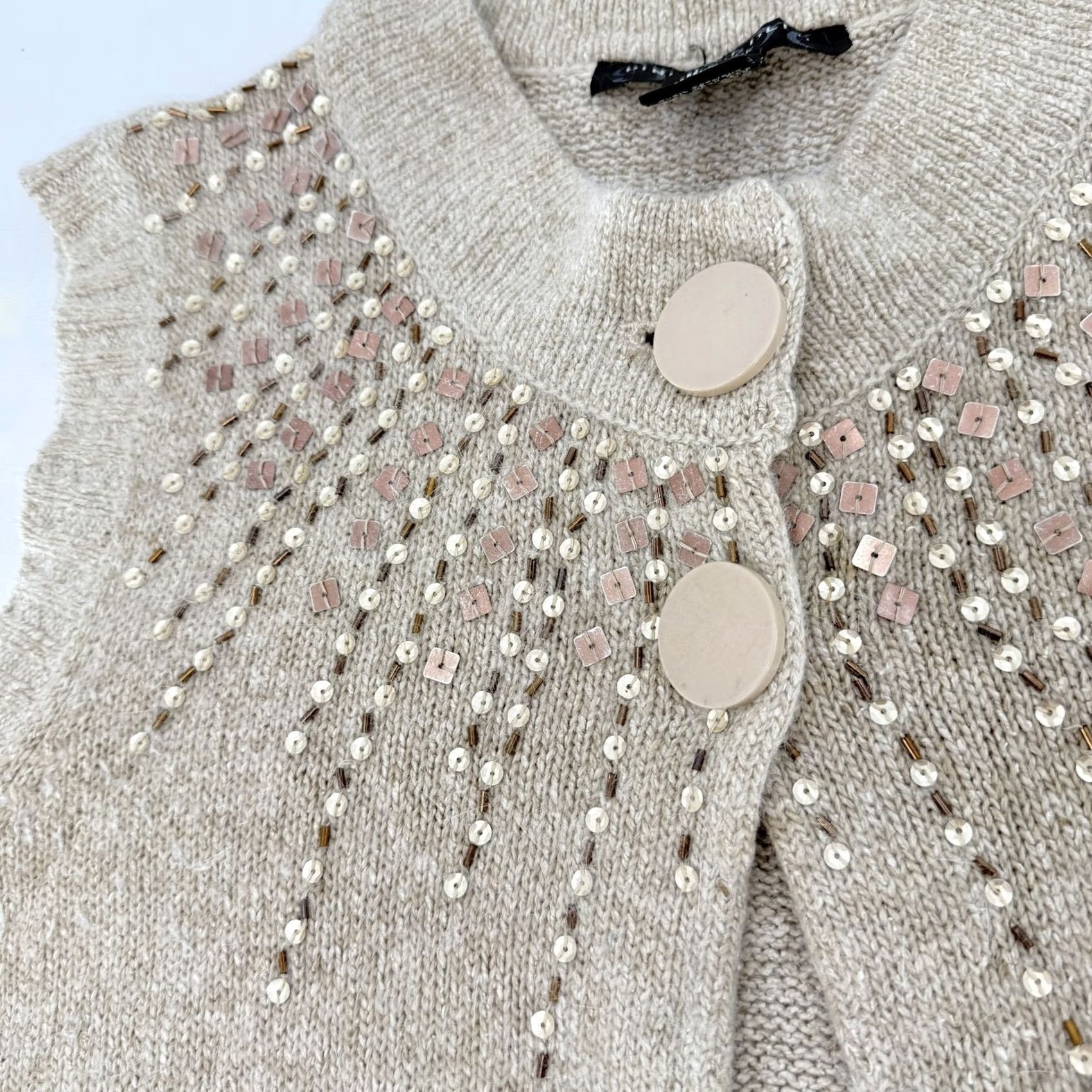 Vintage Pine Needles Beaded Sweater Vest - Womens Medium Beige Silk Knit Size M / US 6-8 / IT 42-44 - 6 Thumbnail