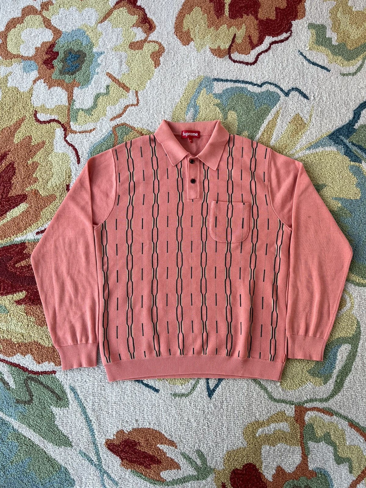 Supreme Stripe Zip L/S Polo Pink Sサイズ Supreme Stripe Zip L S Polo (FW24) - $128