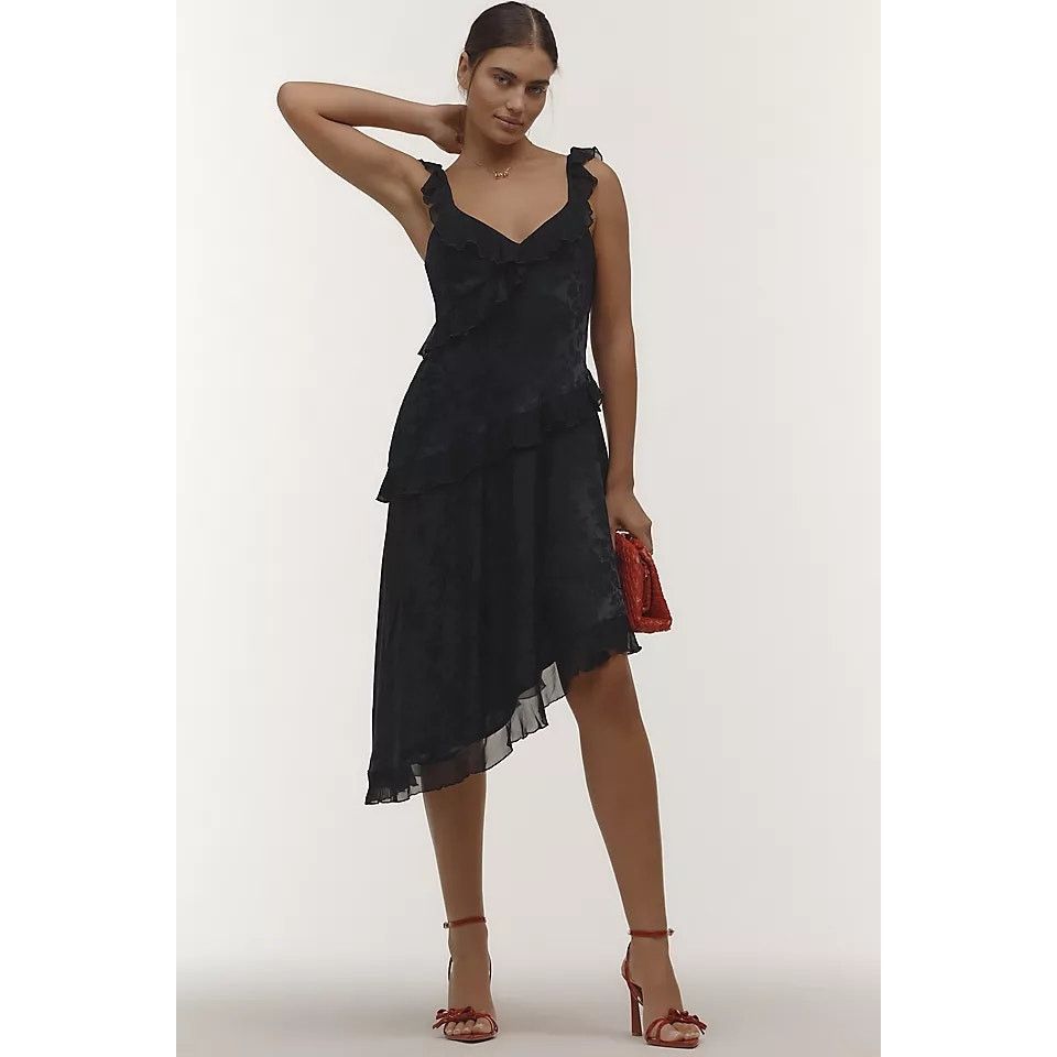 Anthropologie New V-Neck Ruffle Asymmetric Midi Dress $168 X-SMALL Black Size XS / US 0-2 / IT 36-38 - 4 Thumbnail