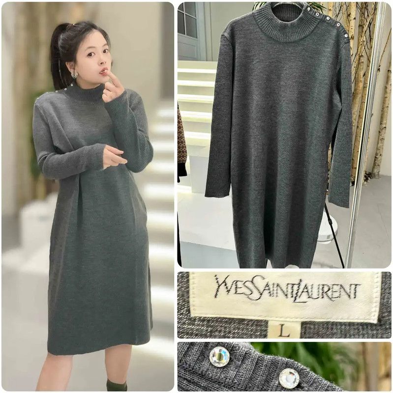 Yves Saint Laurent YSL Gray Wool Women's Dress Size L 0089 Size L / US 10 / IT 46 - 1 Thumbnail