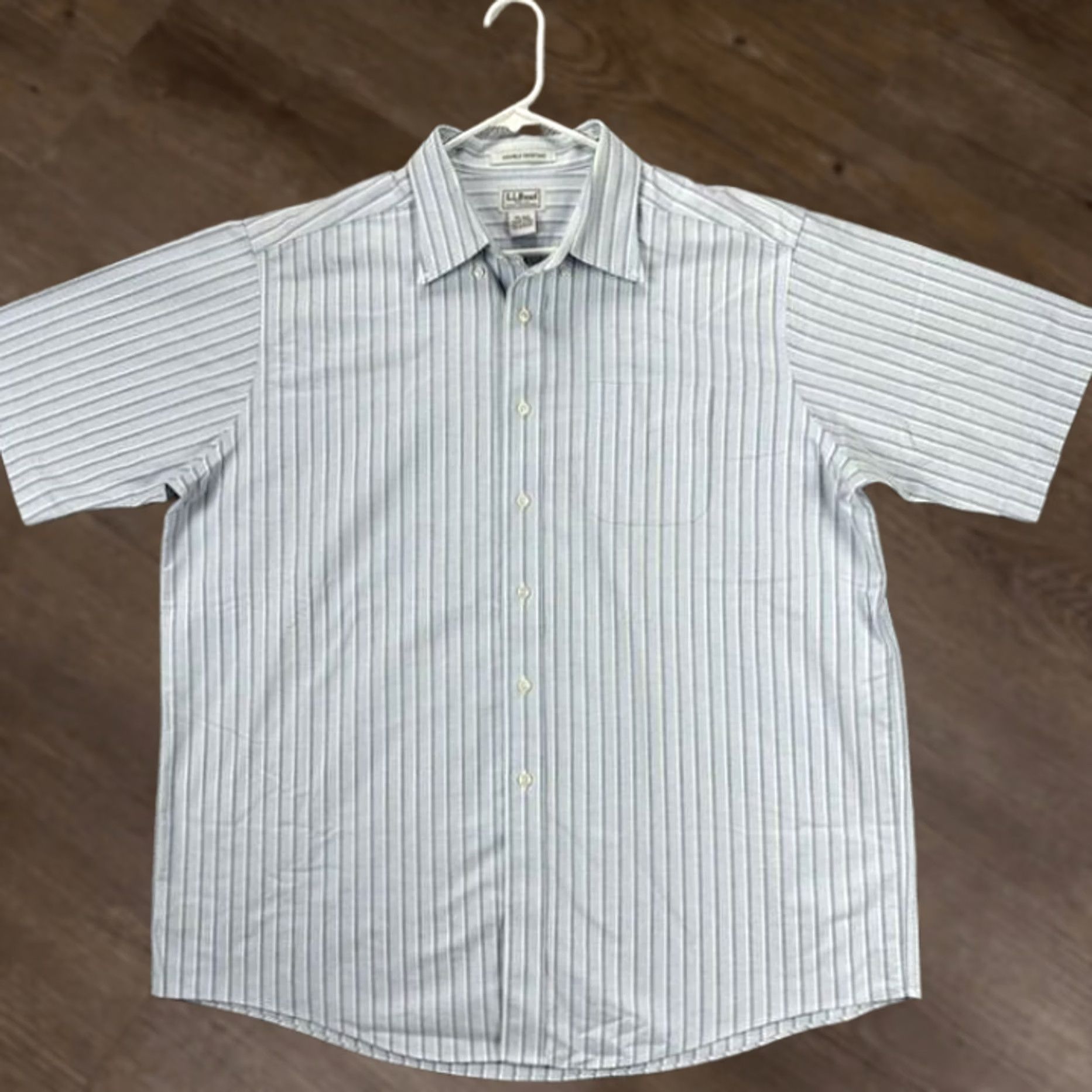 Vintage L.L. Bean Dress Shirt Men 17.5 Blue Double Stripe Wrinkle Resistant Pocket Short Sleeve Size 48R - 1 Thumbnail