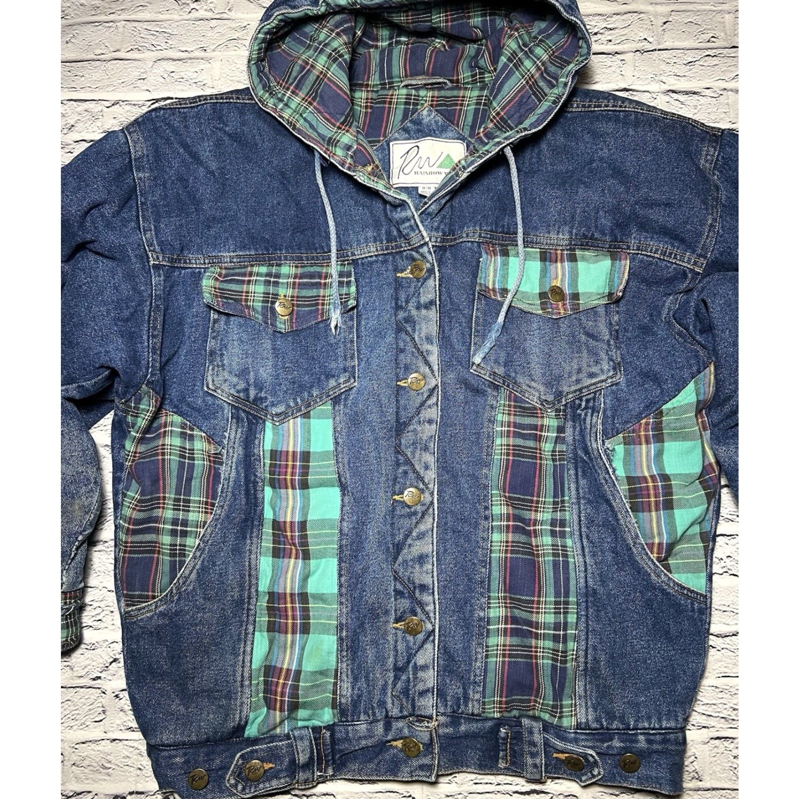 Rainbow VINTAGE Rainbow West Heavy Denim Jacket Geometric Plaid Trim Quilted Hooded Padded Pockets Unisex Adults M Blue Fall Winter Size M / US 6-8 / IT 42-44 - 3 Thumbnail