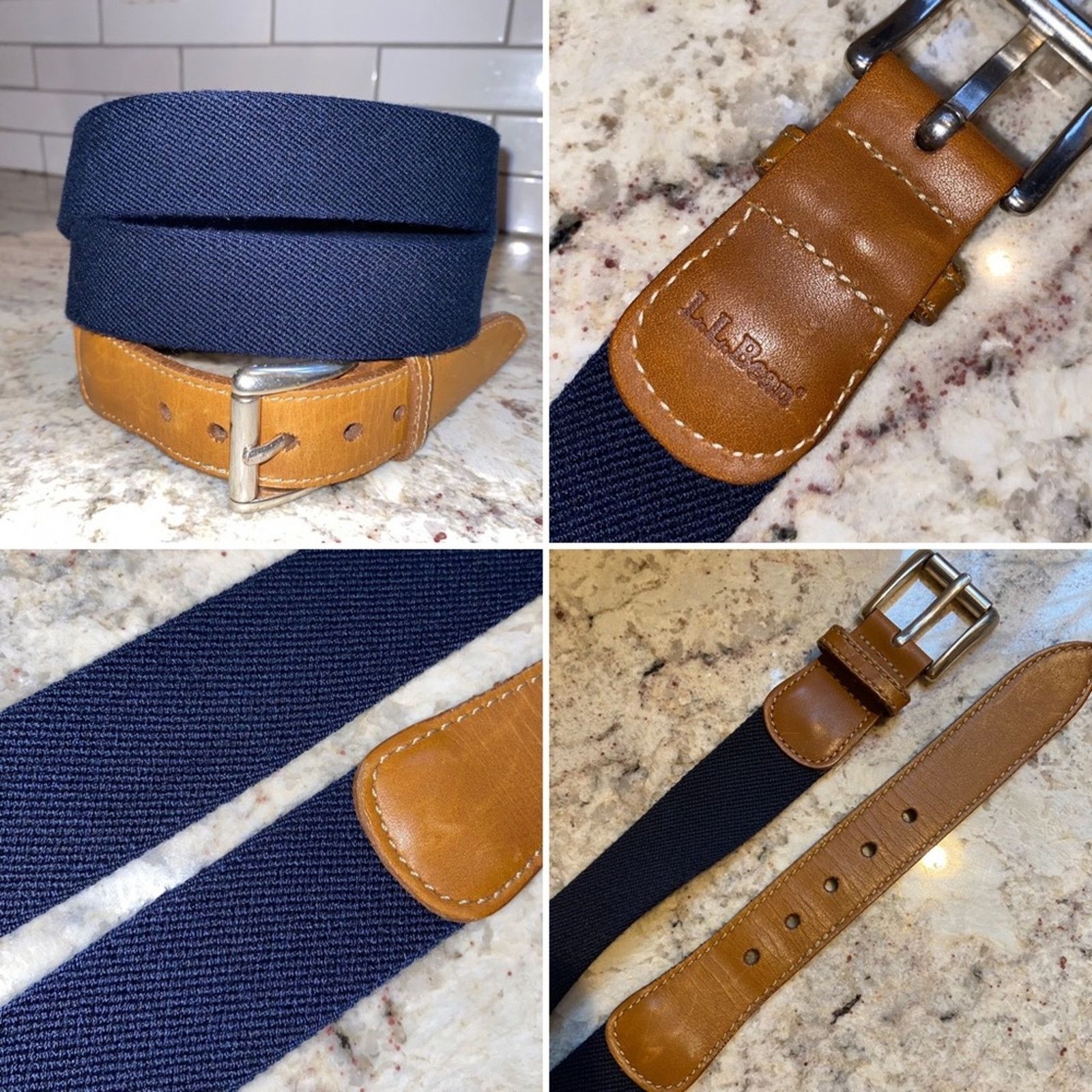 L.L. Bean LL Bean $69 Leather Stretch Canvas Silver Mens Belt 48”-51” Size ONE SIZE - 1 Thumbnail