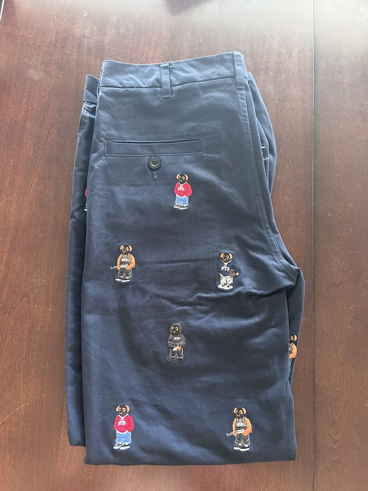 image of Fuck The Population Ftp Bear Chino Pants Size 34 in Navy, Men's