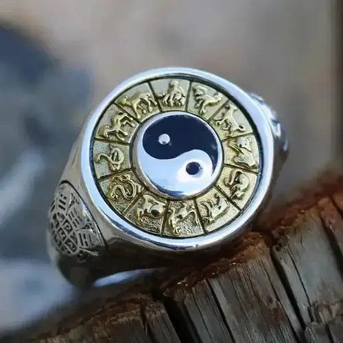 Jewelry x Ring Gold Plated Yin Yang Tai Chi Adjustable Ring in Silver, Men's