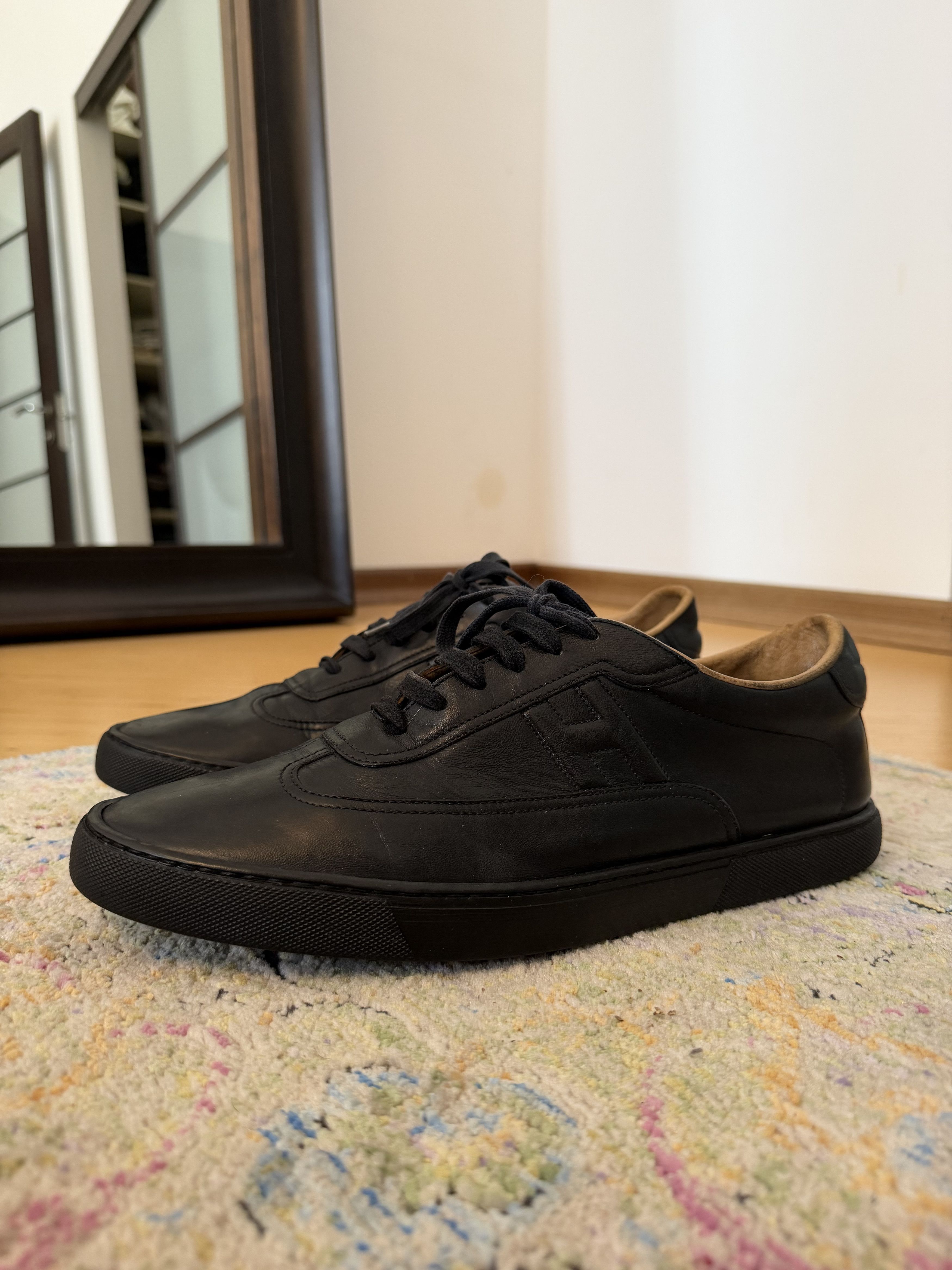 Hermes HERMÈS Quicker Black Leather Low Top Sneakers Size US 11.5 / EU 44-45 - 3 Thumbnail
