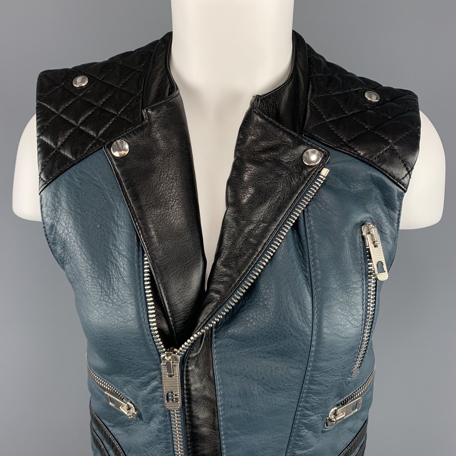 Balenciaga Size 8 Black & Teal Blue Quilted Leather Biker Vest Size US XXS / EU 40 - 2 Thumbnail