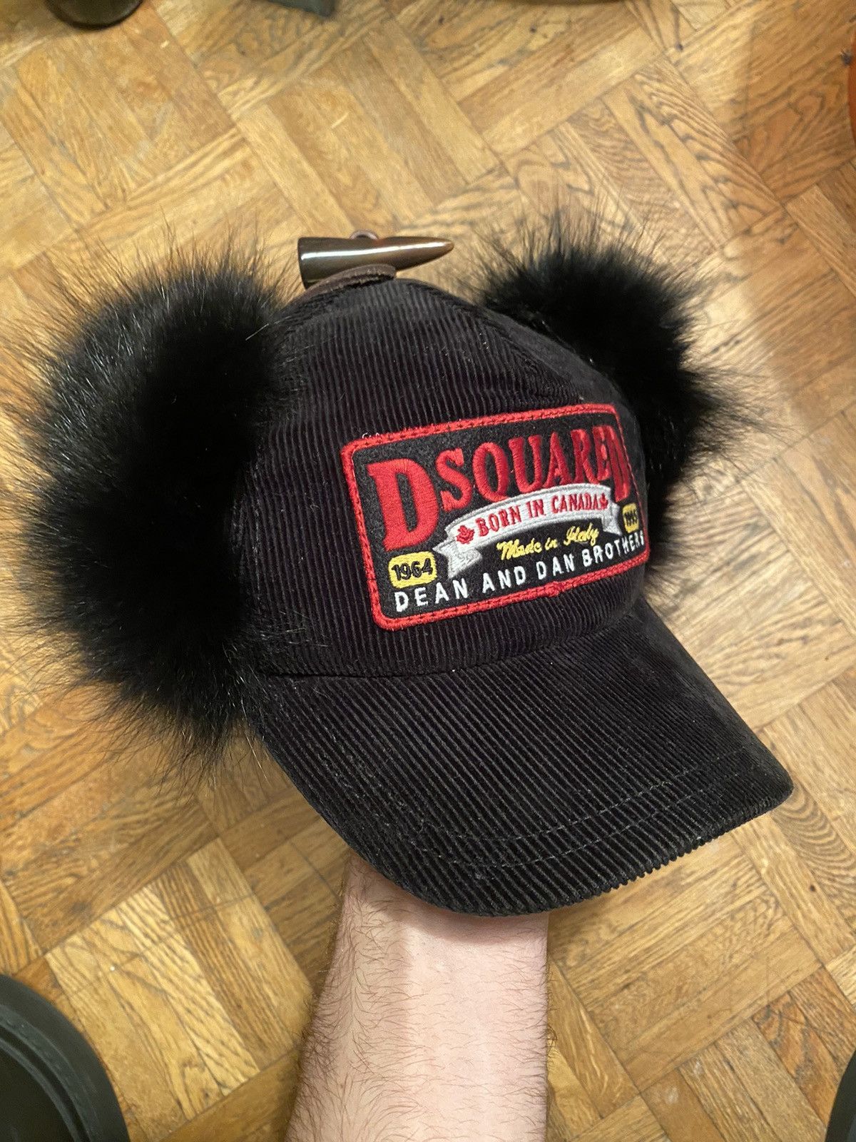 Dsquared2 Black corduroy fox fur winter hat | Grailed