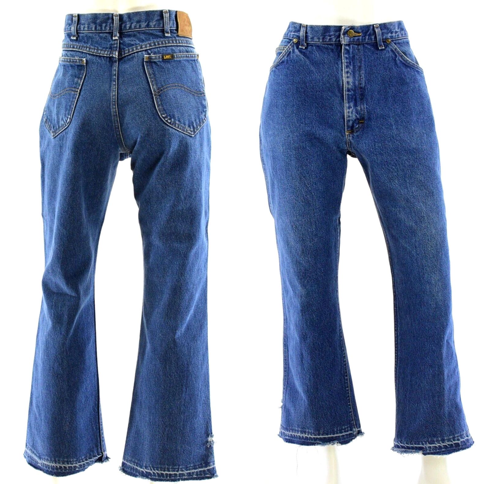 image of 80's Vintage Lee Flare Leg High Waist Dark Stone Wash Jeans Raw Hem Womens 16 in White