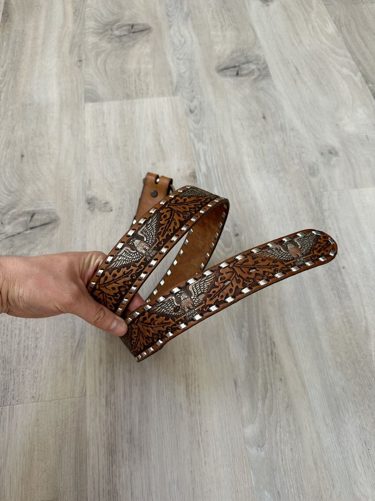 Leather × Vintage Vintage Leather Belt Y2K Rhinestones Punk Western Eagles Size 34 - 2 Thumbnail