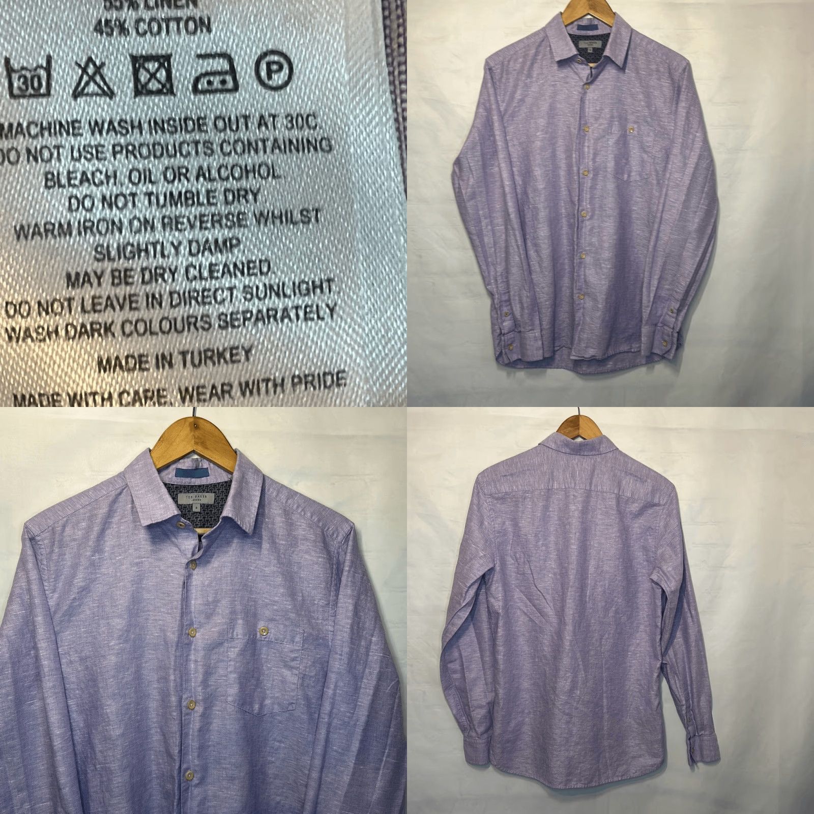 Ted Baker Ted Baker London Mens Purple Long Sleeve Linen Blend Dress Shirt M Size 40R - 8 Thumbnail