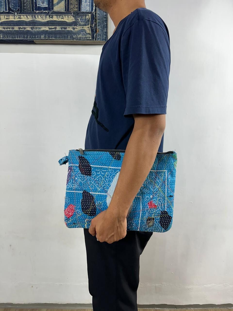 Handmade Custom Made Distressed Denim Paisley Patchwork Boro Clutch Size ONE SIZE - 8 Thumbnail