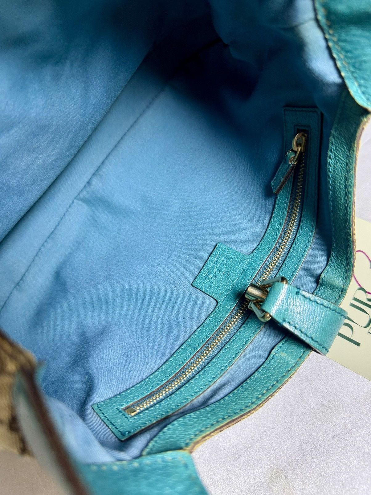 Gucci Authentic GUCCI Jackie 1961 Beige Canvas x Teal Hobo Bag Size ONE SIZE - 7 Thumbnail