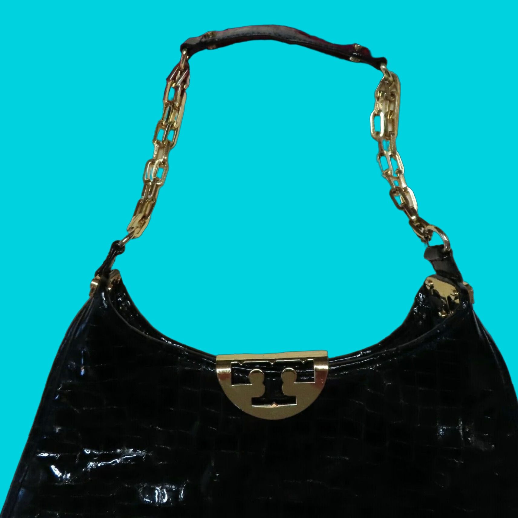 Vintage Tory Burch Shoulder Bag Croco Embossed Genuine Leather Black Gold Chain Purse Leather Bag Women