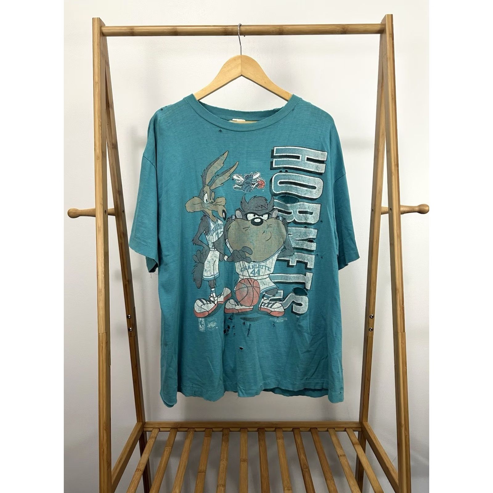 NBA VTG 90s Charlotte Hornets Taz Wile Looney Tunes NBA Distressed Worn Thrashed T-Shirt 2XL Teal Mens Size US XXL / EU 58 / 5 - 2 Thumbnail