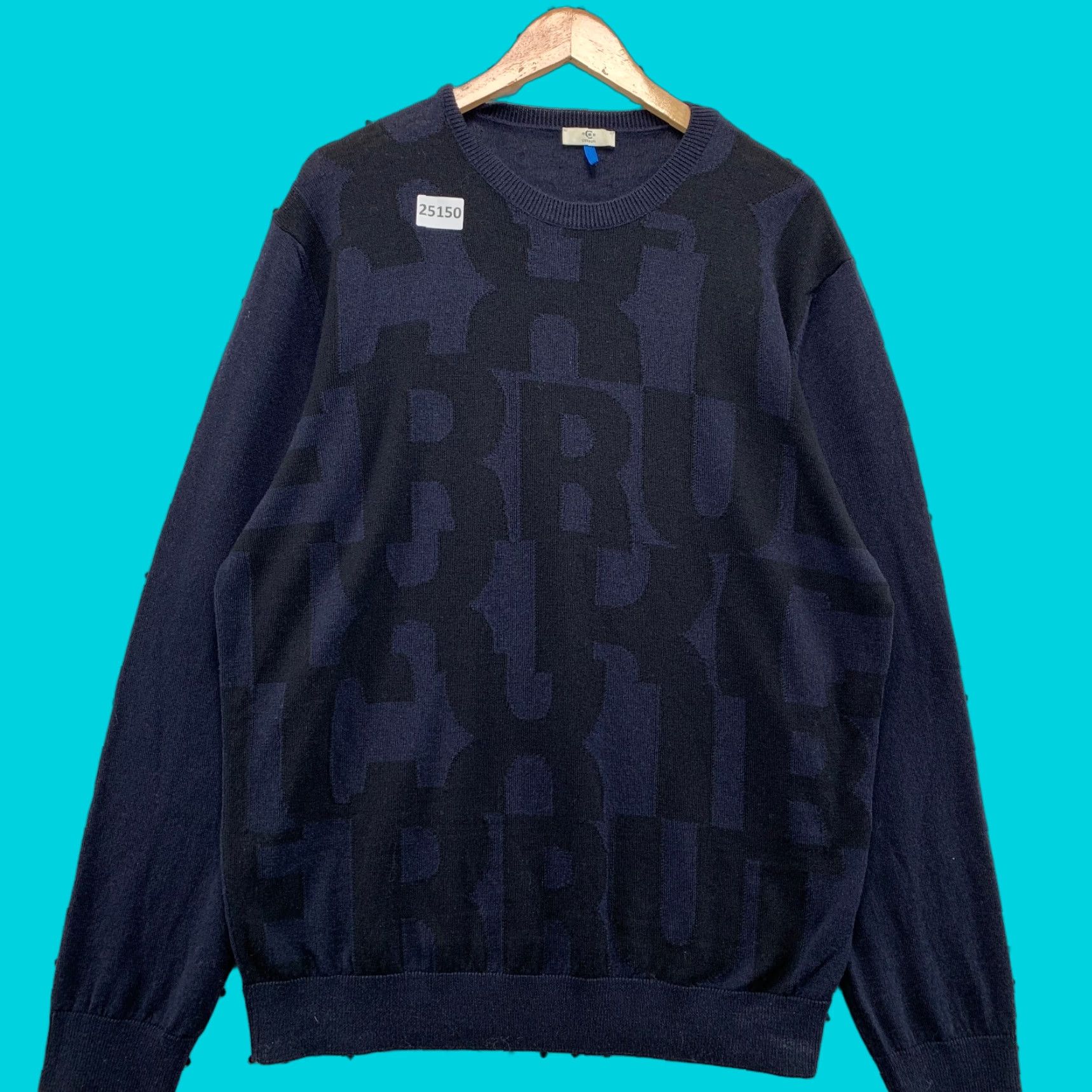 Vintage Cerruti Sweater Blue Black Spell Out Adult Mens Large 100% Wool Crewneck 25.5x30 Size US L / EU 52-54 / 3 - 1 Thumbnail