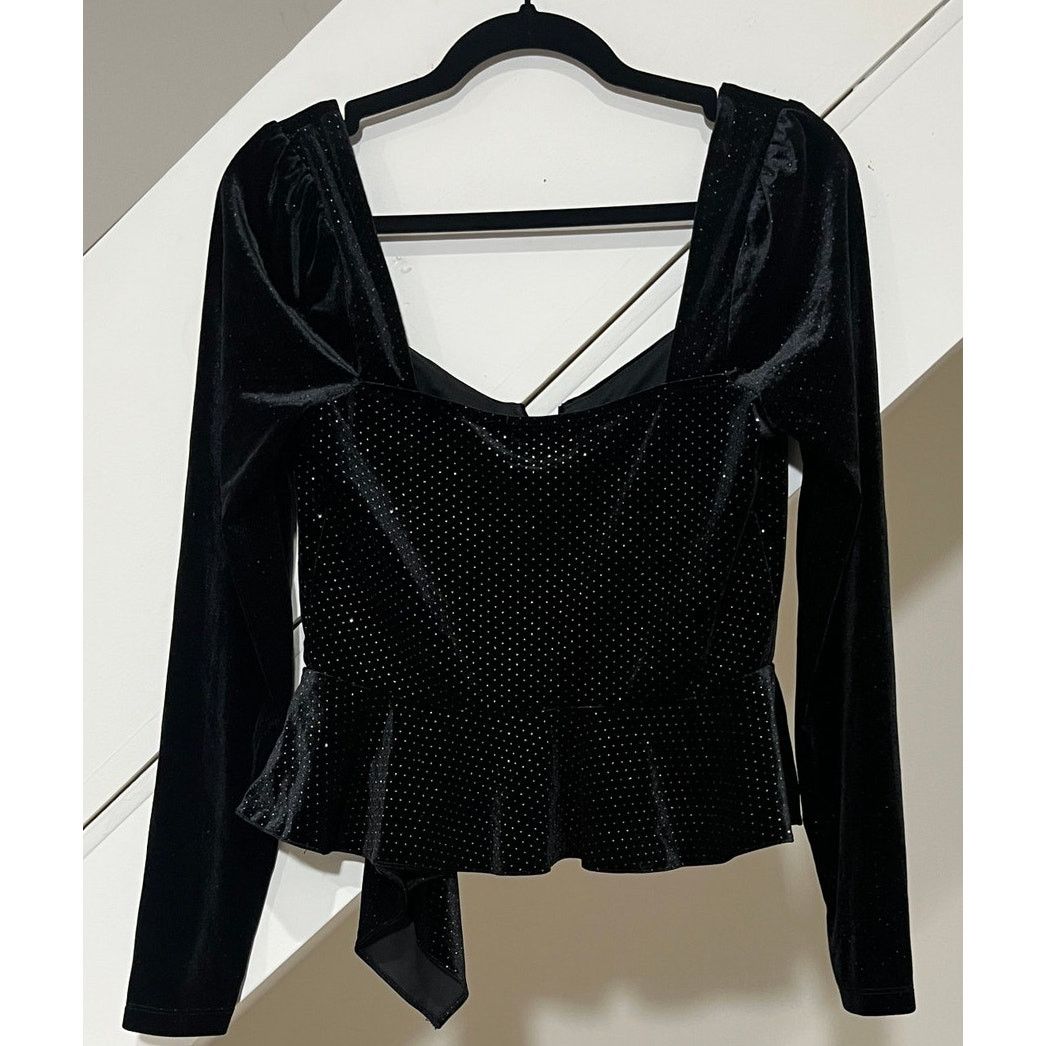 Saylor Saylor Black Long Sleeve Velvet Glitter Elsa Peplum Top M Size M / US 6-8 / IT 42-44 - 2 Thumbnail