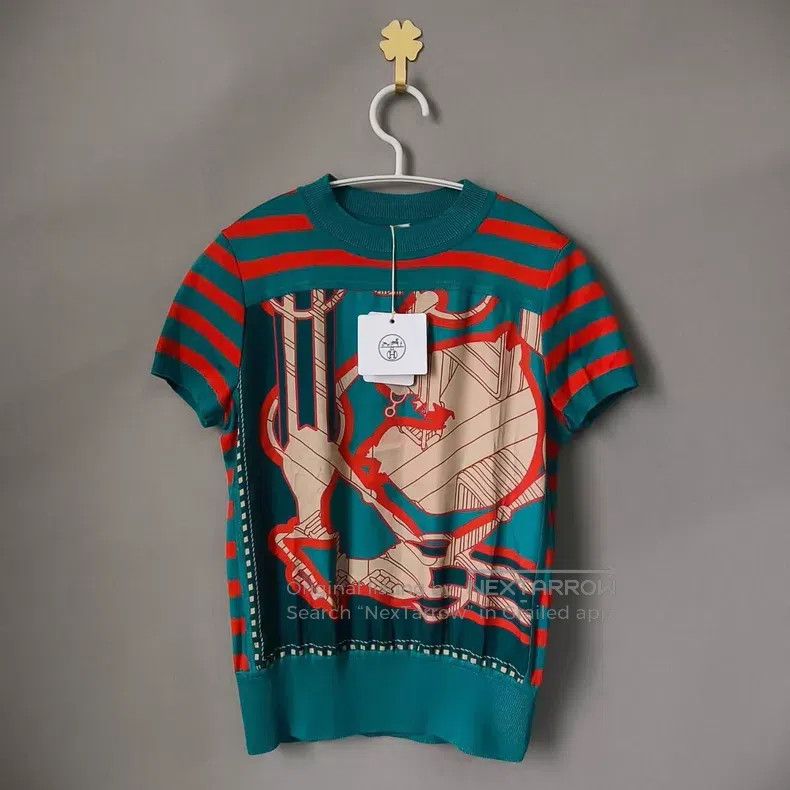 Hermes Hermes Orange Striped Silk Knit Short Sleeve Size XXS / US 00 / IT 34 - 1 Thumbnail
