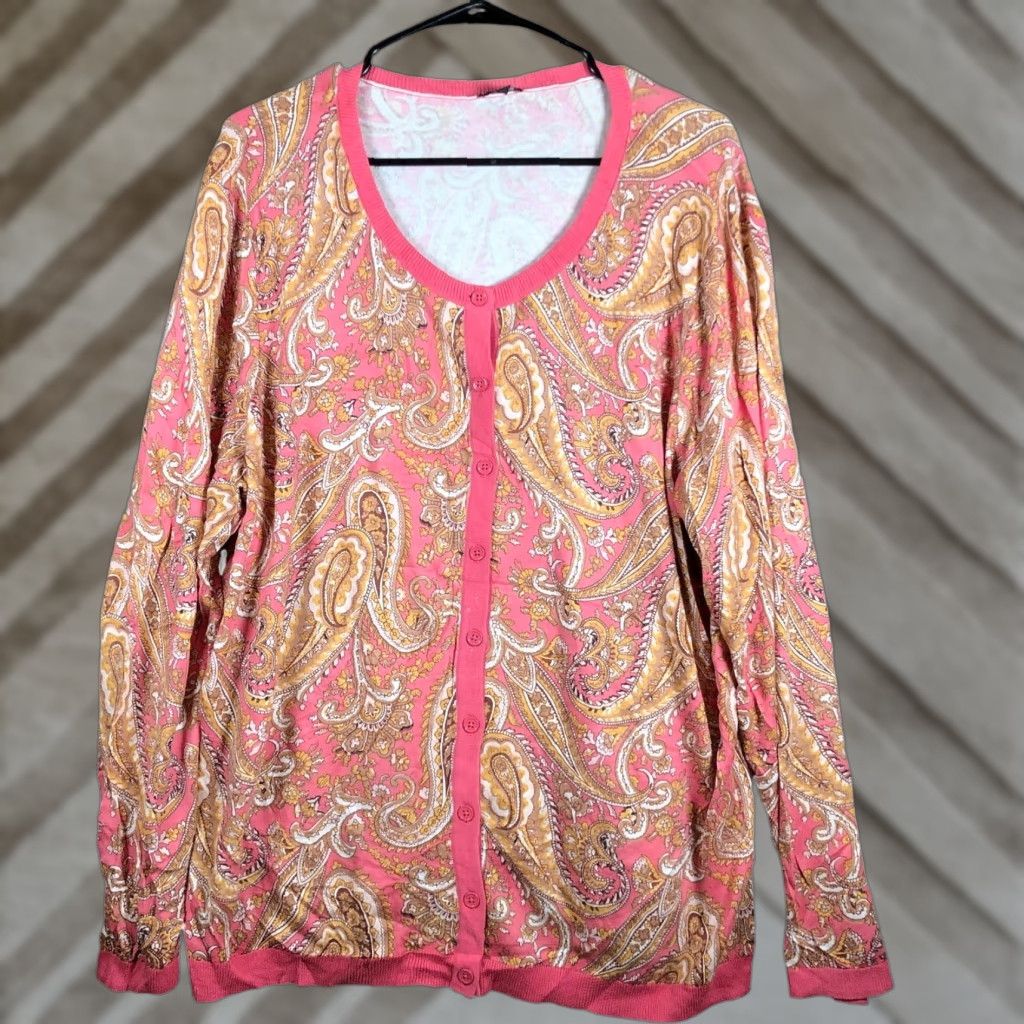 Talbots Talbots Womens Cardigan Pink Gold Paisley Button Front Knit Cotton 2X Cardigan Womens Plus Size Knit Sweater Size XXL / US 16-18 / IT 52-54 - 1 Thumbnail
