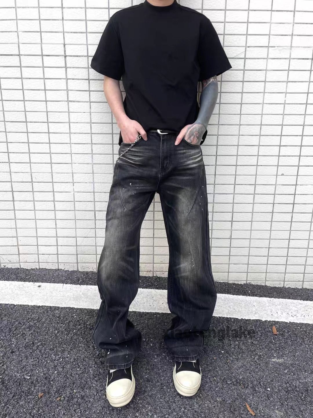 Jean Unisex washed faded cleanfit skate hiphop paint jeans Size US 32 / EU 48 - 8 Thumbnail