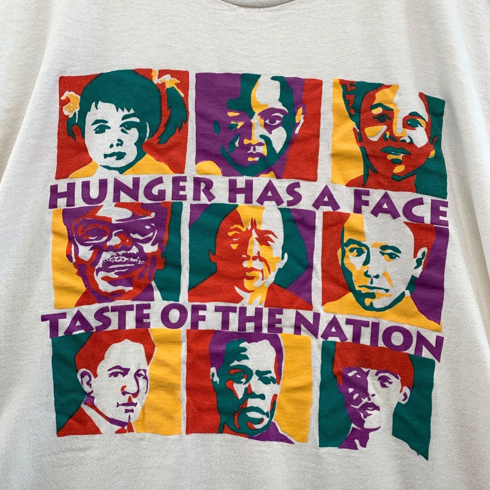 Fruit Of The Loom VINTAGE Hunger Has a Face Shirt Mens L White 90s Love Peace T-Shirt USA 22x29.5 Size US L / EU 52-54 / 3 - 7 Thumbnail