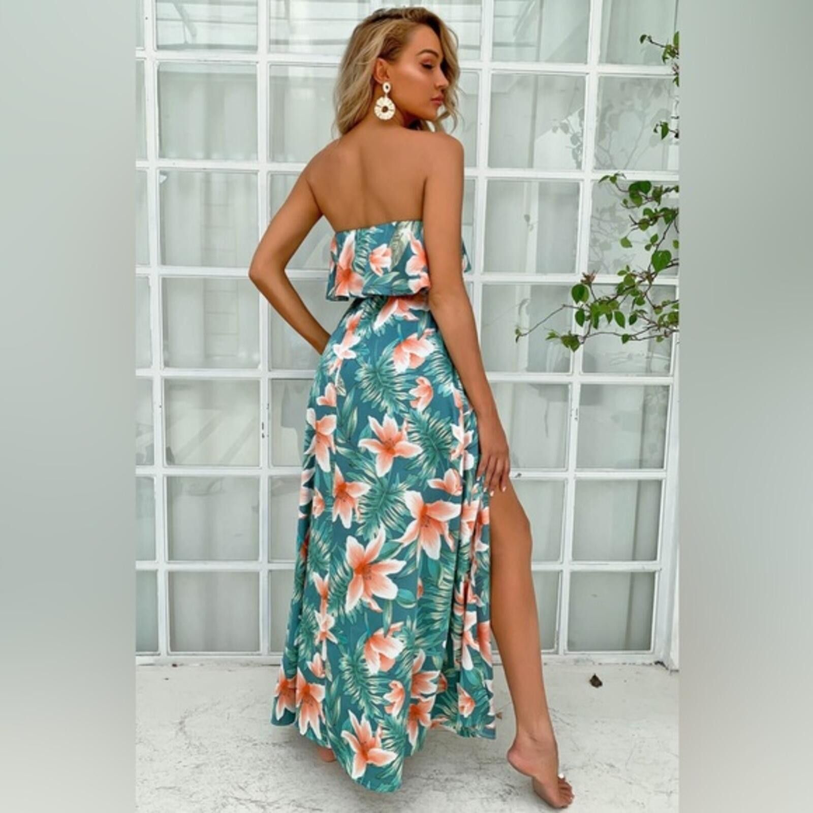 Shein Green & orange Floral Strapless Vacation Dress Size S / US 4 / IT 40 - 2 Thumbnail