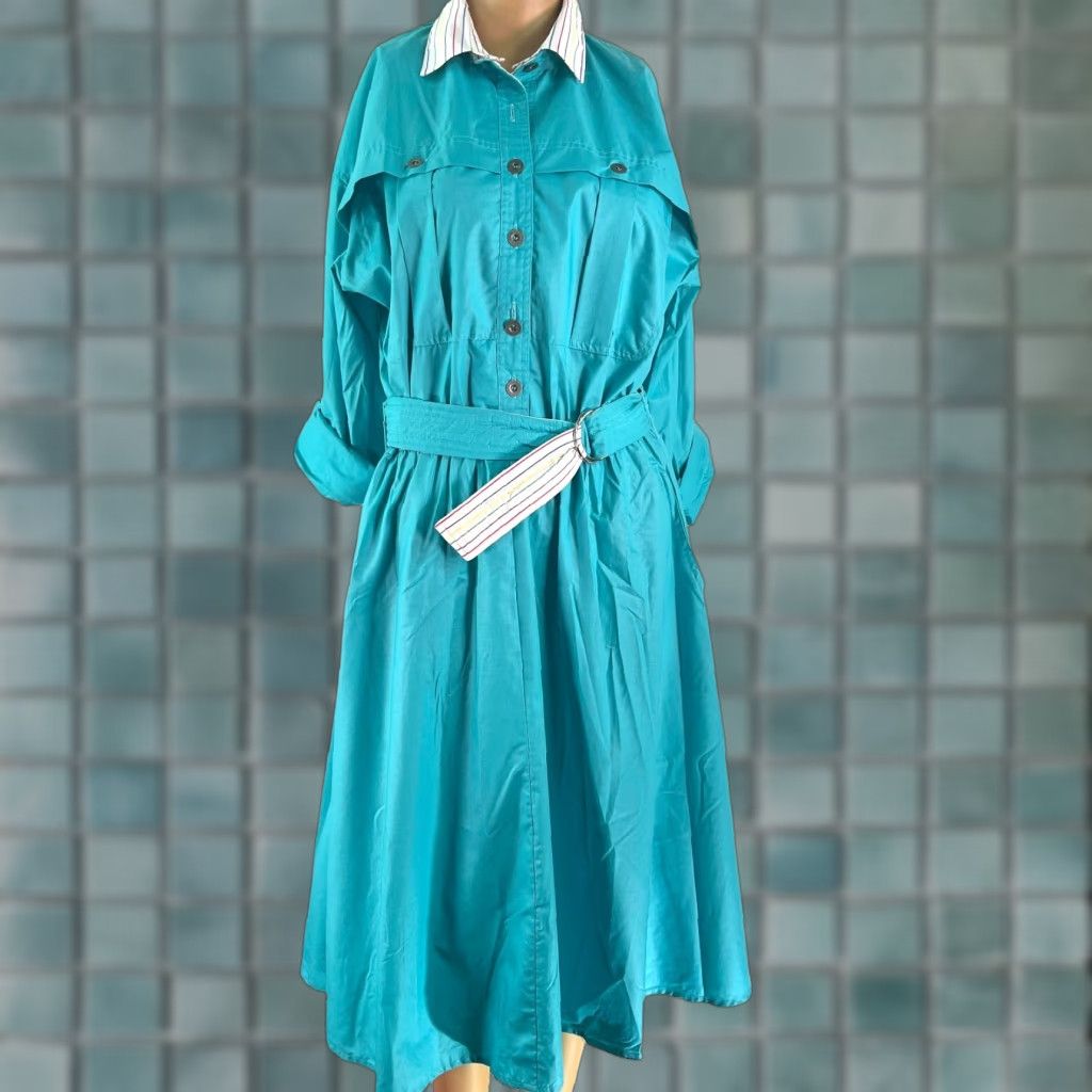 Altea VINTAGE E&M Womens Shirt Dress Teal Collared Belted Roll Tab Sleeves 3/4 Sleeve Size 11 Blue Size L / US 10 / IT 46 - 1 Thumbnail
