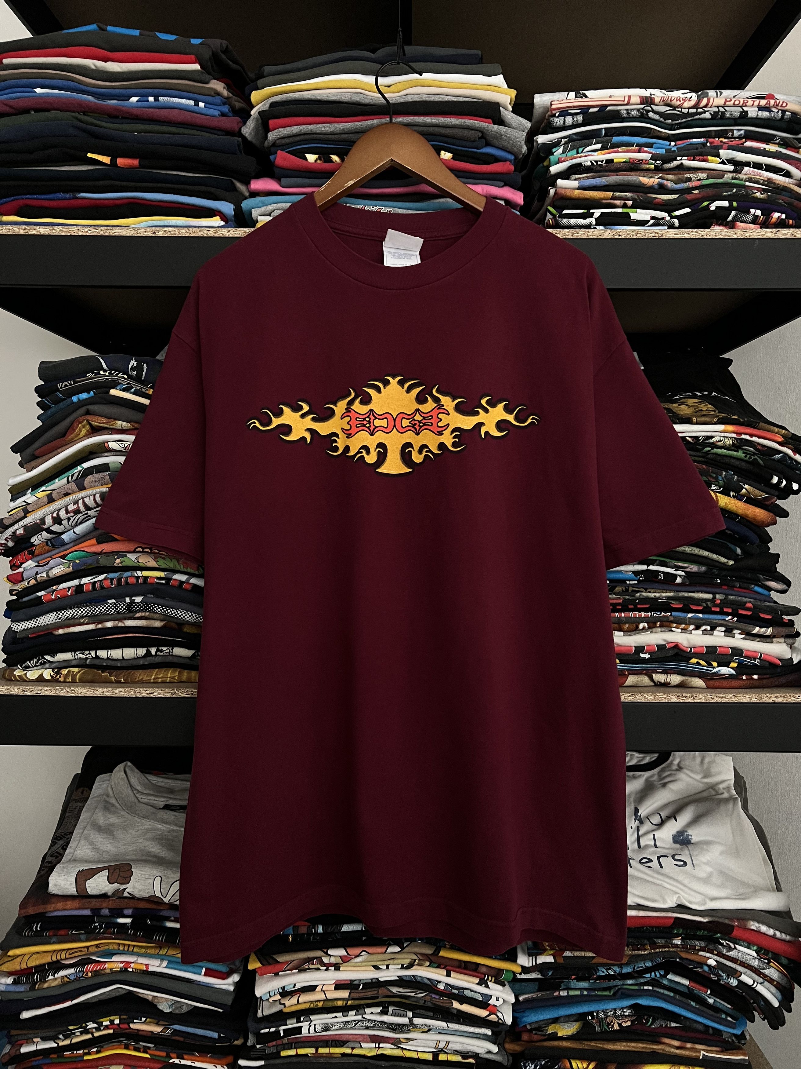 image of Vintage 2002 Edge Are You An Edge Heat?! Wwe Tee in Burgandy, Men's (Size XL)