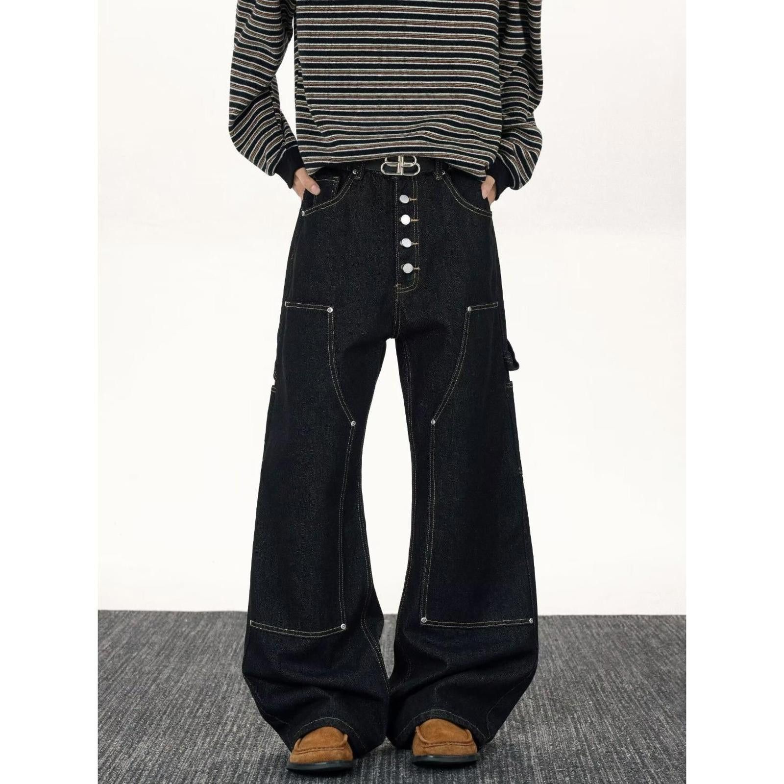 Vintage Black Wide Leg Denim Jeans, Loose Fit Carpenter Pants Size US 32 / EU 48 - 1 Thumbnail