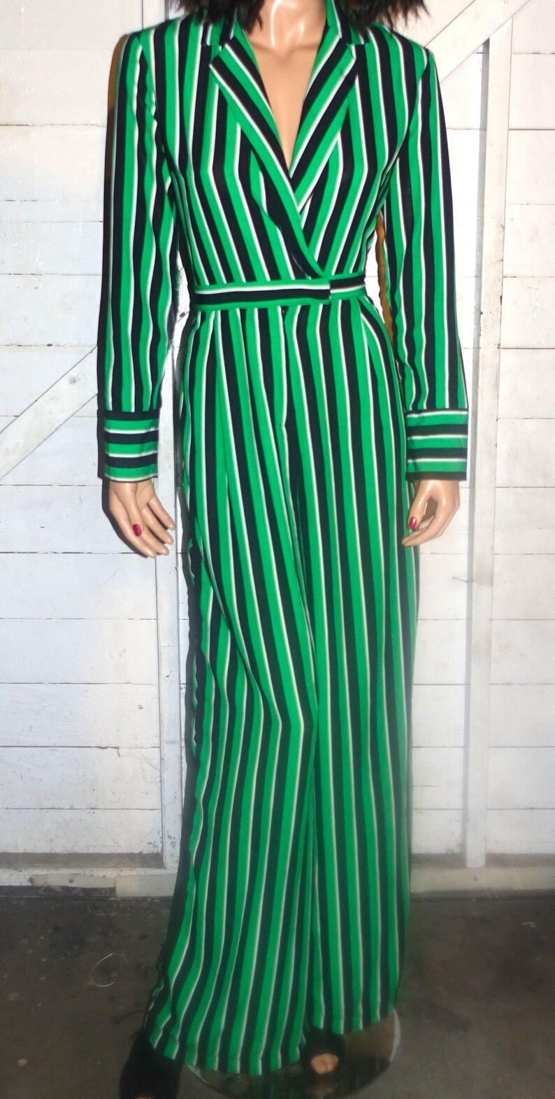 Other Hello Miss Green Black Striped Jumpsuit M Size 30" / US 8 / IT 44 - 3 Thumbnail