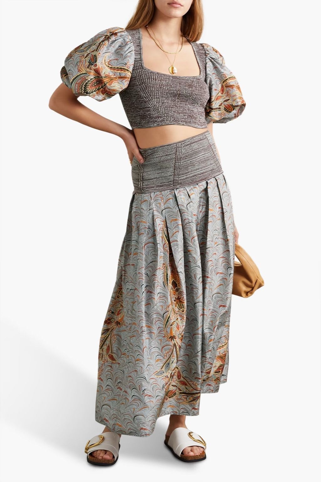 Ulla Johnson Ulla Johnson Iva Cropped Printed Taffeta and Ribbed-Knit Top Size M / US 6-8 / IT 42-44 - 2 Thumbnail