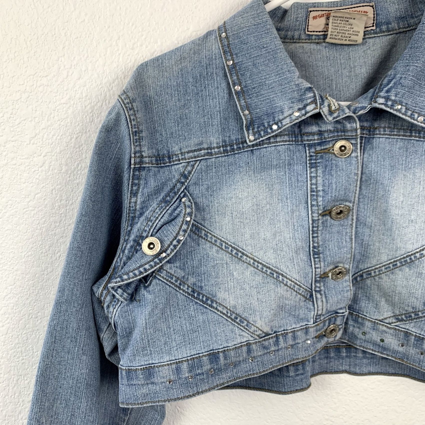 Denime VINTAGE Defuze Juniors XL Cropped Denim Jacket Blue Rhinestone Studded Button Front Size XL / US 12-14 / IT 48-50 - 2 Thumbnail