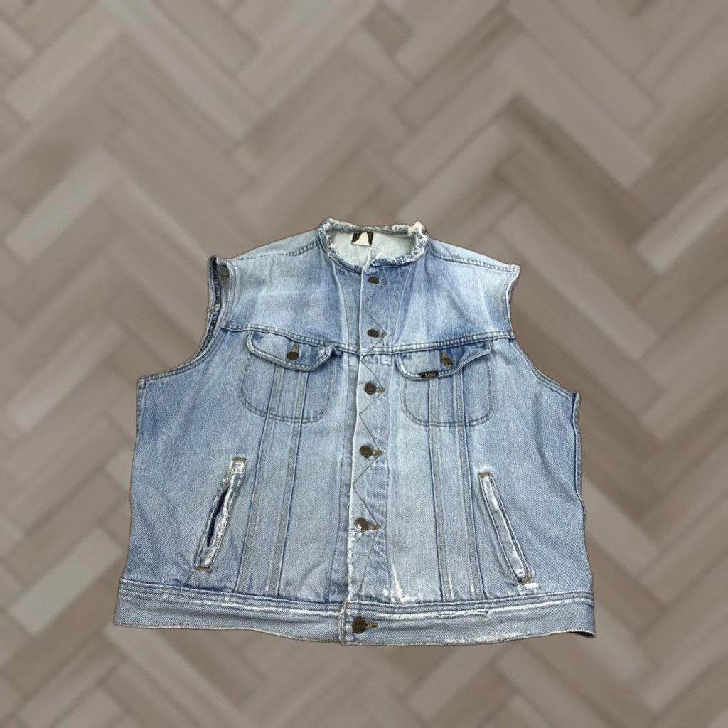 VINTAGE Lee Denim Vest Mens L Blue Light Wash Harley Davidson 80s Distress