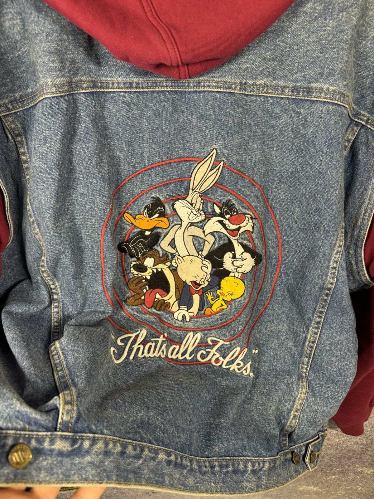 Vintage × Warner Bros All Folks Looney Tunes 1995 WB Hoodie Vest Jacket XL Denim Size US XL / EU 56 / 4 - 20 Thumbnail