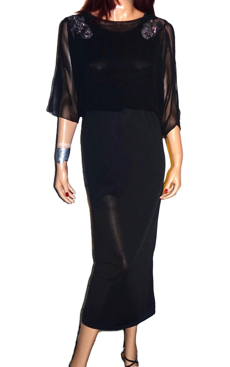 Vintage Vintage Black Sheer Applique Midi Dress L Size L / US 10 / IT 46 - 1 Thumbnail