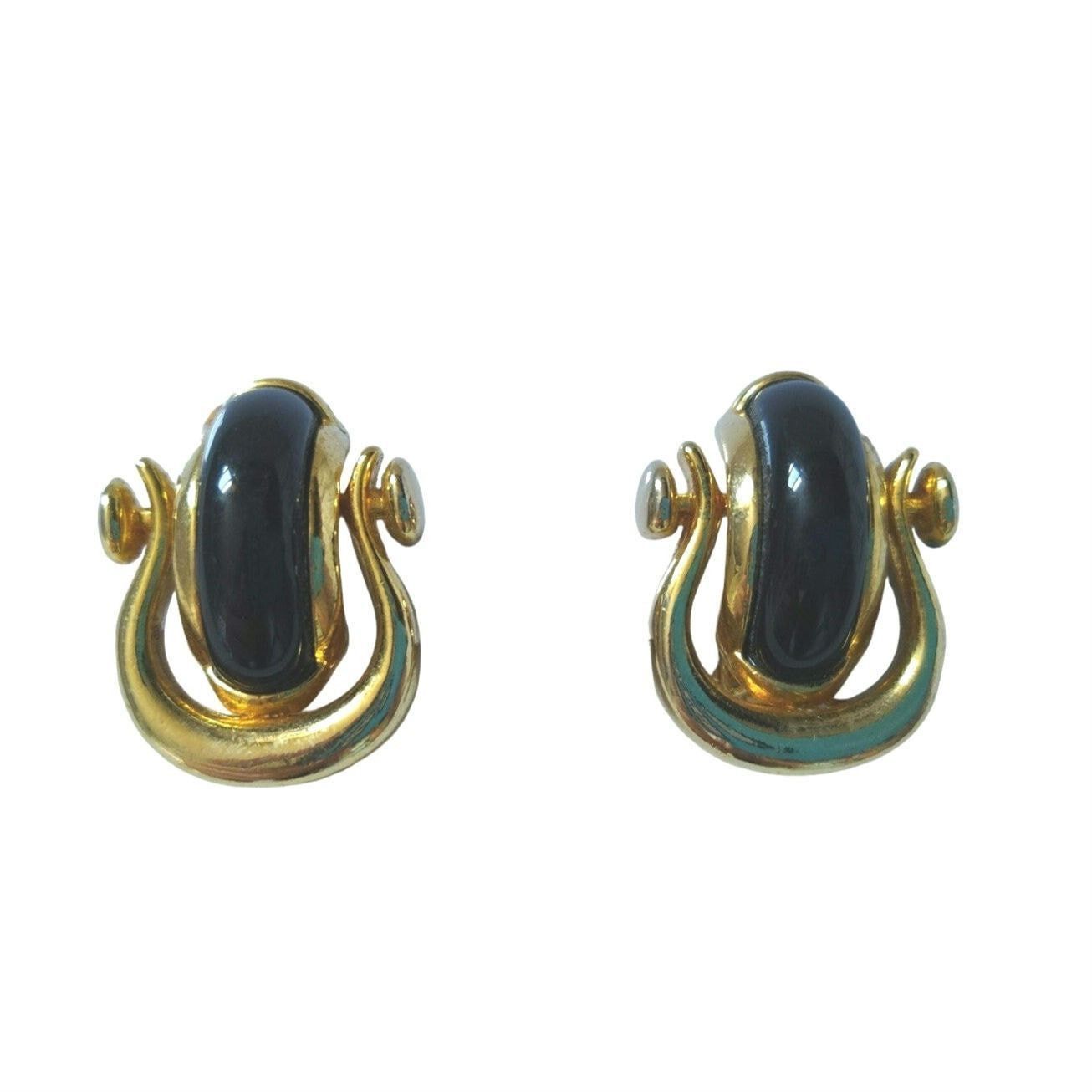 Vintage Black Lucite Door Knocker Clip On Earrings Gold