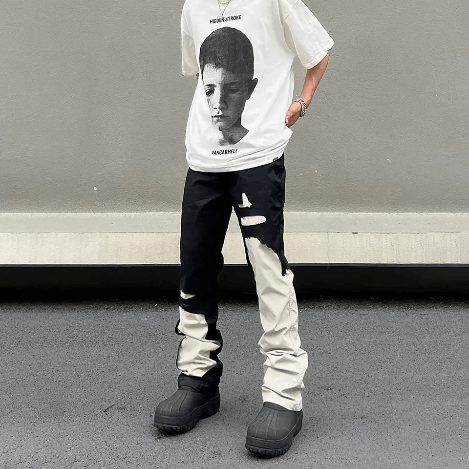 image of Patchwork Black Cream Hip Hop Streetwear Casual Pants Jeans, Men's (Size 34)