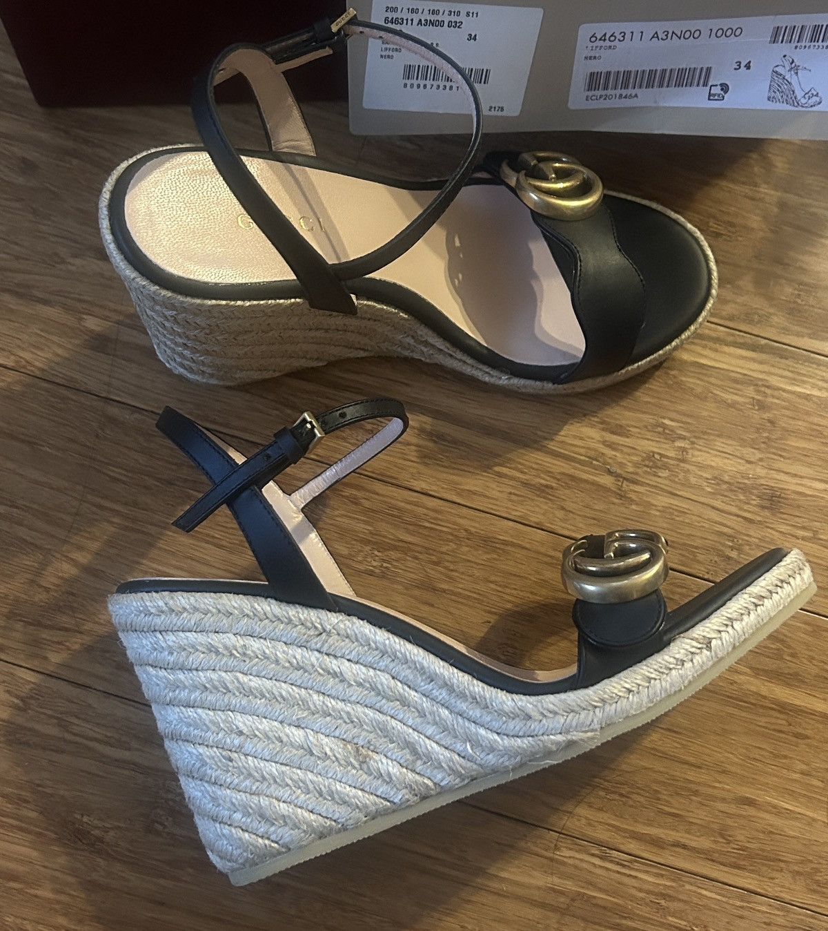 Gucci Gucci Double G 95mm Platform Espadrille Black Leather Sandal Size US 4 / IT 34 - 6 Thumbnail