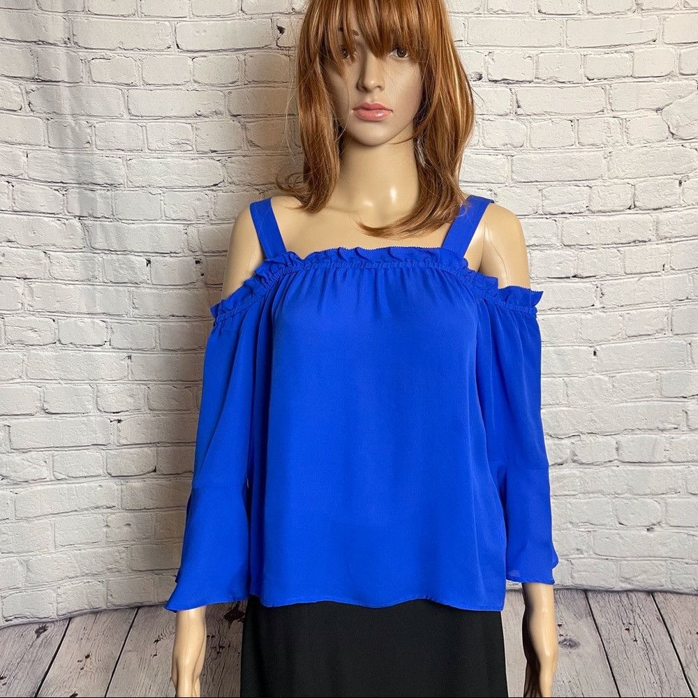 J.Crew J. Crew Blue Silk Ruffle Silk Cold Shoulder Blouse Size XS / US 0-2 / IT 36-38 - 7 Thumbnail